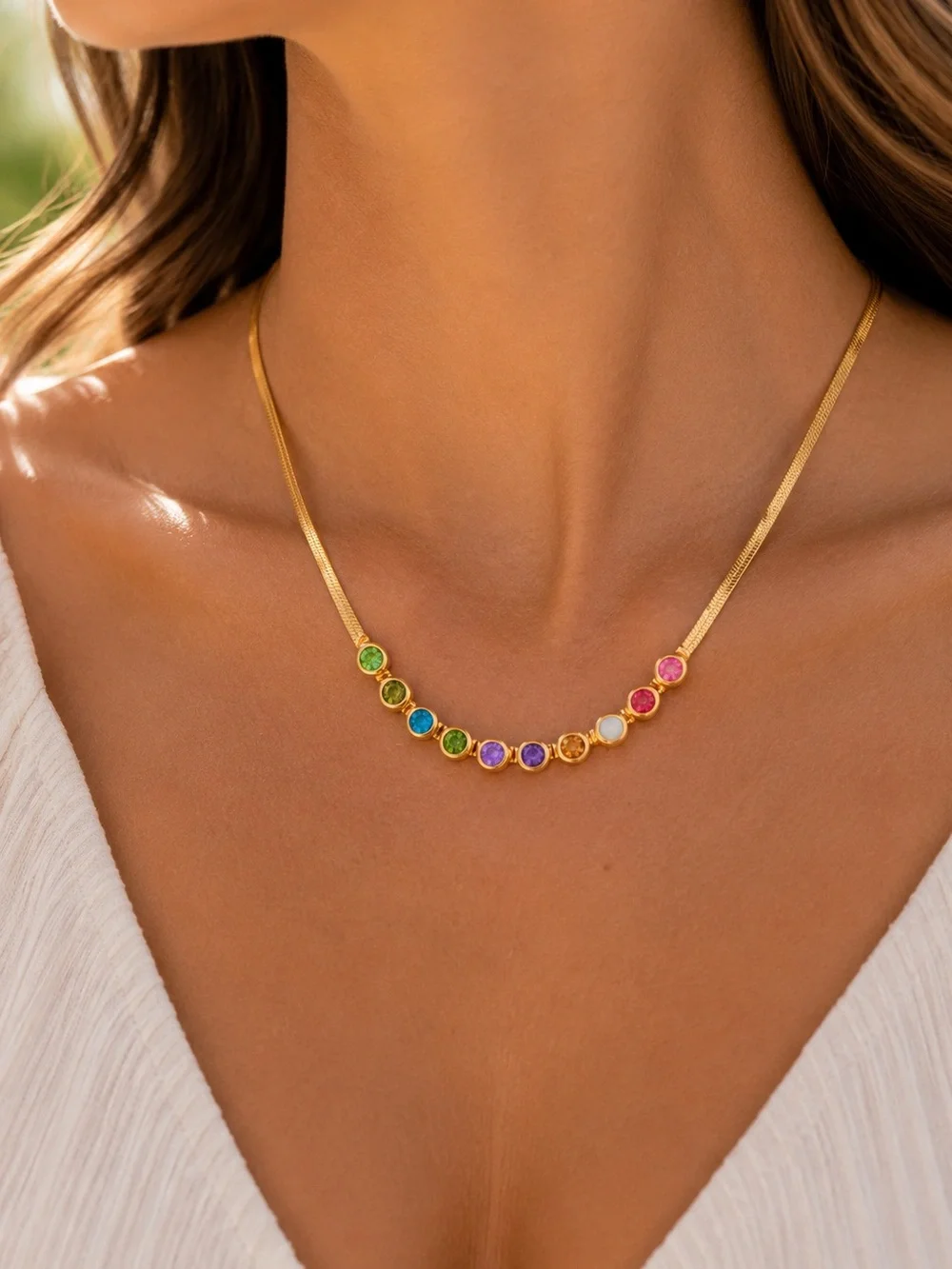 18K Gold Plated Rainbow CZ Necklace Waterproof Stainless Steel Dainty